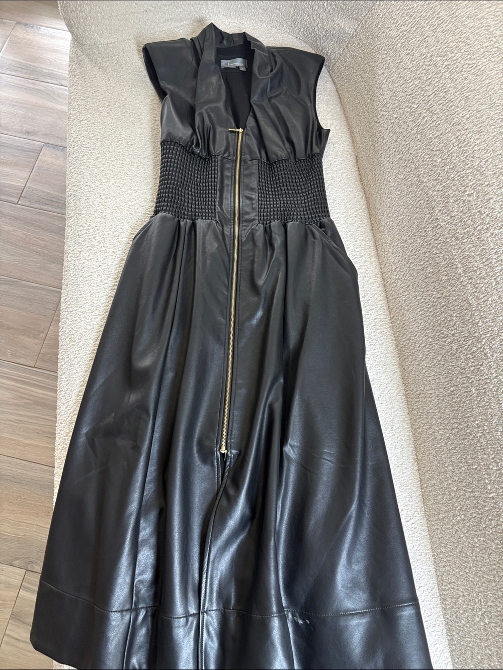 Anthropologie Black Sleeveless Faux-Leather Midi Dress with Gold Zip